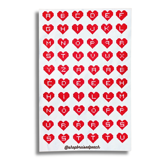 Cross Stitch Heart Alphabet Sticker Sheet