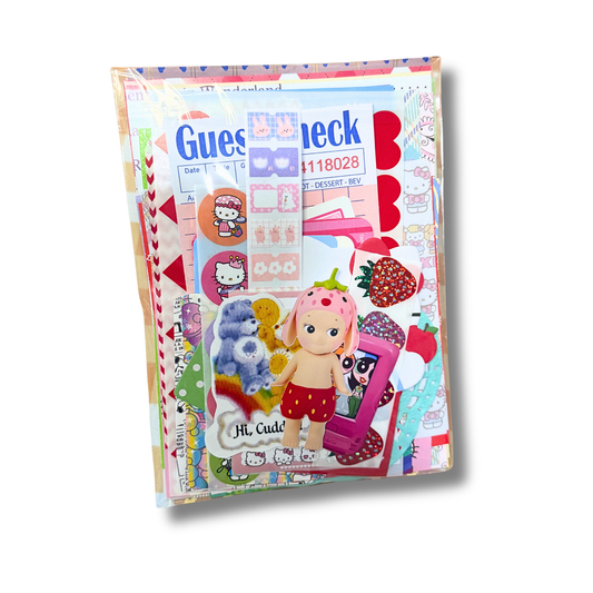 A fun mix of cute character stationery, stickers, ephemera, and scrapbook papers, thoughtfully curated for junk journaling, scrapbooking, happy mail, and creative crafting. Every pack is unique!