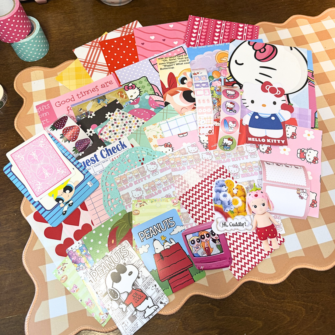 A fun mix of cute character stationery, stickers, ephemera, and scrapbook papers, thoughtfully curated for junk journaling, scrapbooking, happy mail, and creative crafting. Every pack is unique!